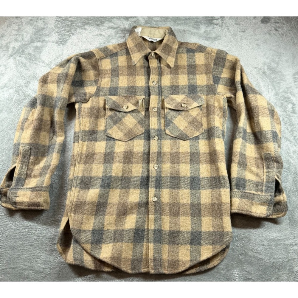 Vtg Woolrich Wool Buffalo Plaid Flannel Shirt Beige Gray USA Men's S